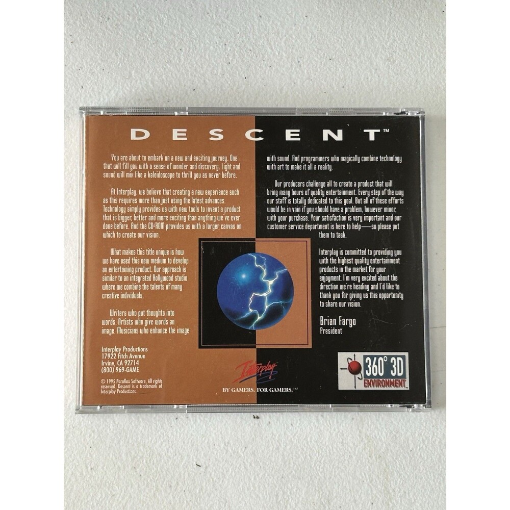 Vintage Descent PC CD-ROM Game 1995 Interplay Parallax DOS 360 3D Shooter